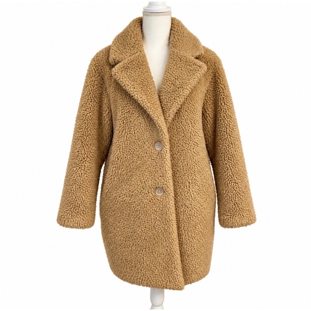 Uniqlo Long Sherpa Fleece Teddy Coat M Oversized Button Up Pockets Tan Cozy